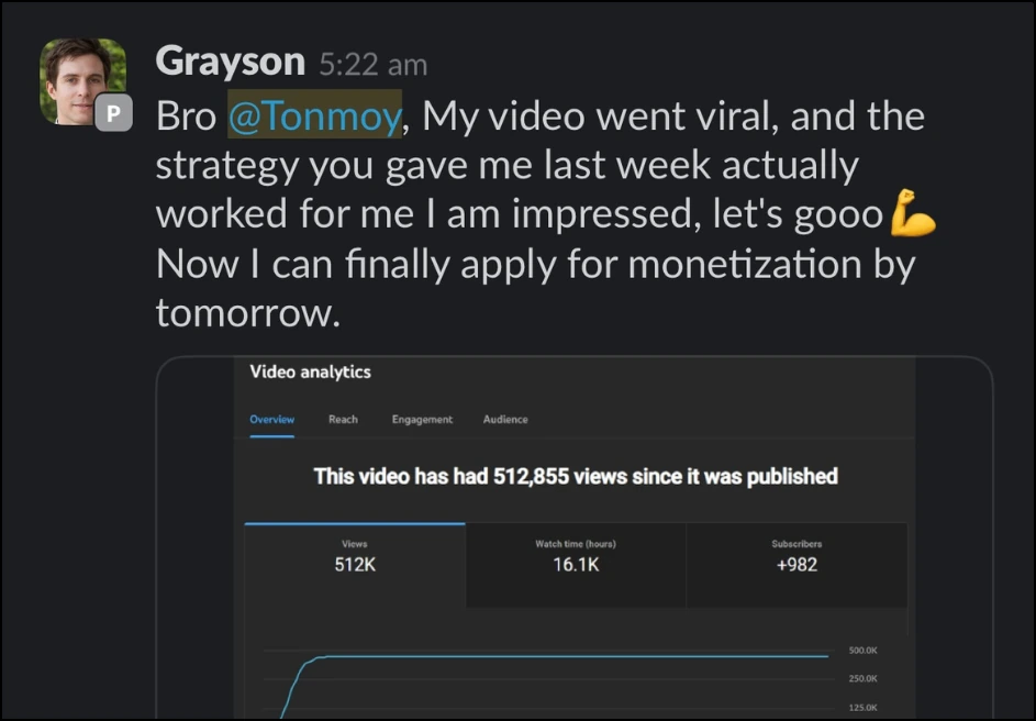 Community message highlighting rapid monetisation